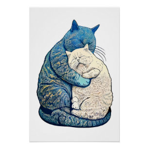 Pôster Linocut White e Black Cat Dormindo juntos