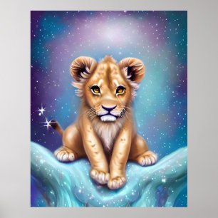 Poster Lion Cubo Cubo Bonito Fundo de Neve