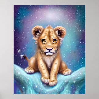 Poster Lion Cubo Cubo Bonito Fundo de Neve