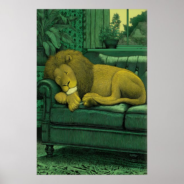 Poster Lion Illustration Print Serene Indoor Setting (Frente)