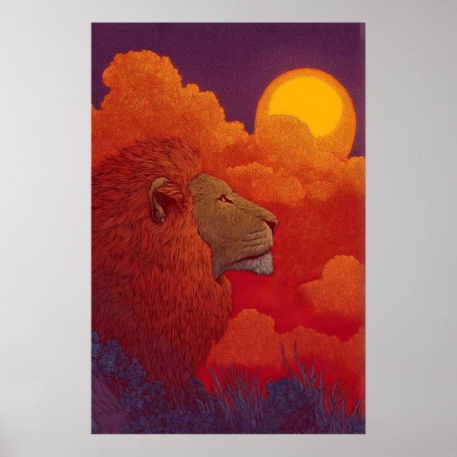 Poster Lion Sunset Wall Art Fiery Mane, Circular Sun (Frente)