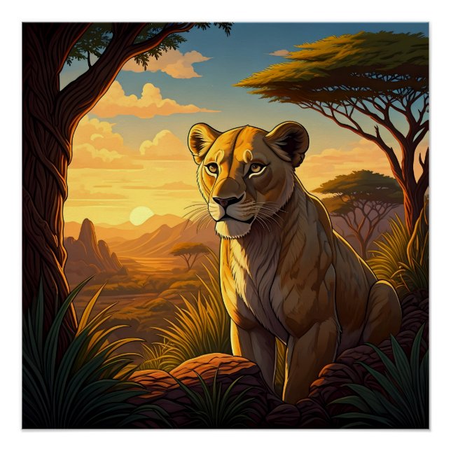 Pôster Lioness among a wilderness setting (Frente)
