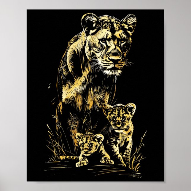 Poster Lioness Cubs Hunting Team Lion Wildlife Sketch (Frente)