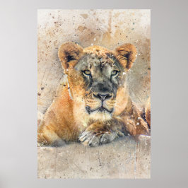 Poster Lioness Face Watercolor Selle Animal
