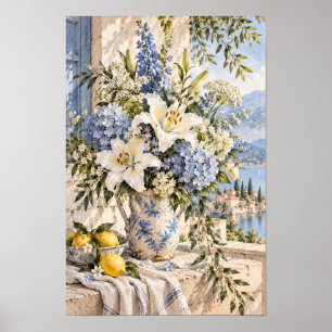 Poster Lírio Branco do Campo Francês Hidrangeia Azul Pare