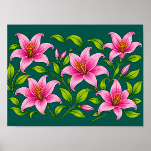 Poster Lírio Rosa Elegante Floral com Folhagem Verde