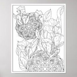 Poster Lírios Arum e Folhas Mandala Colorir Adulto