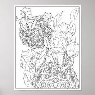 Poster Lírios Arum e Folhas Mandala Colorir Adulto