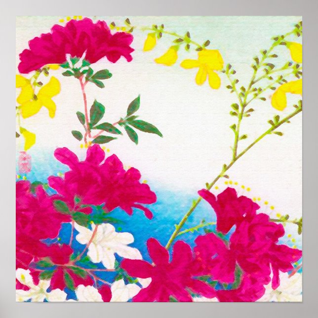 Poster Lírios do dia japonês - magenta, azul amarelo (Frente)