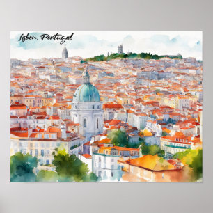Poster Lisboa Portugal Aquarela Vista Panorâmica Cidade