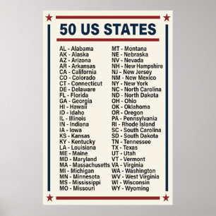 Poster Lista Alfabética As 50 Siglas Dos Estados Dos EUA