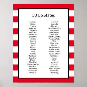 Poster Lista alfabética de 50 Estados Unidos