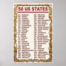 Lista Alfabética dos 50 Estados Abreviados Dourado