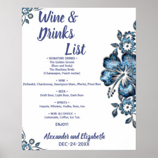 Poster Lista de Bebidas Flor Azul Casamento Civil