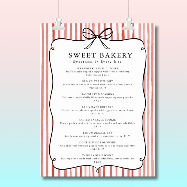 Poster Lista de Preços Arco Vintage Listra Branca Coral (Coral Red White Stripe Vintage Bow Price List Poster)