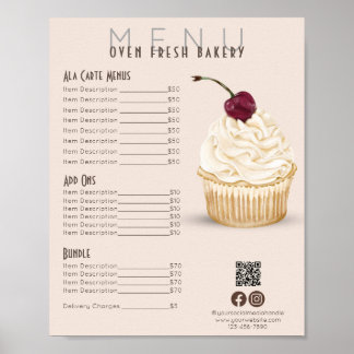 Poster Lista de Preços da Panela do Cupcake Cherry Blush 
