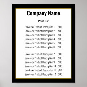 Poster Lista de preços de Modelo Dourado preto minimalis