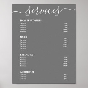Poster Lista de Preços de Salão Minimalista Cinza Menu de