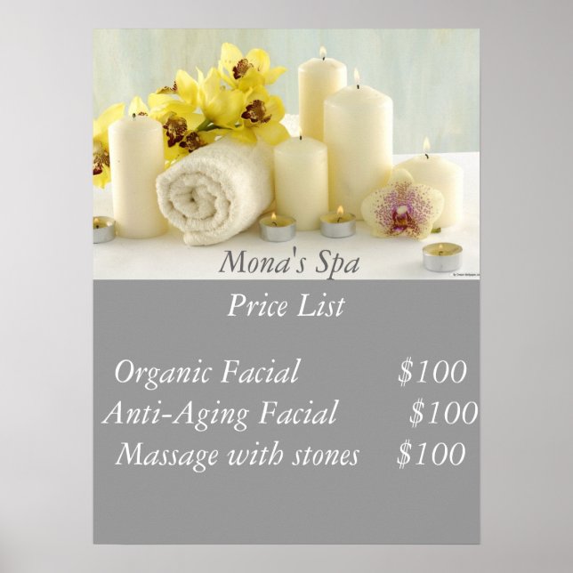 Pôster Lista de preços de Spa (Frente)