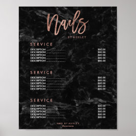 Poster Lista de preços de unhas em mármore preto com escr