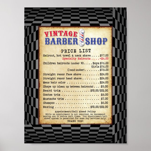 Poster Lista de Preços de Vintagem do Compro Barber (Frente)