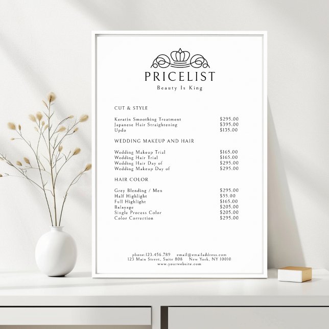 Poster Lista de Preços do Salão White Elegant Crown Logo (Elegant Crown Logo White Salon Price List Poster)