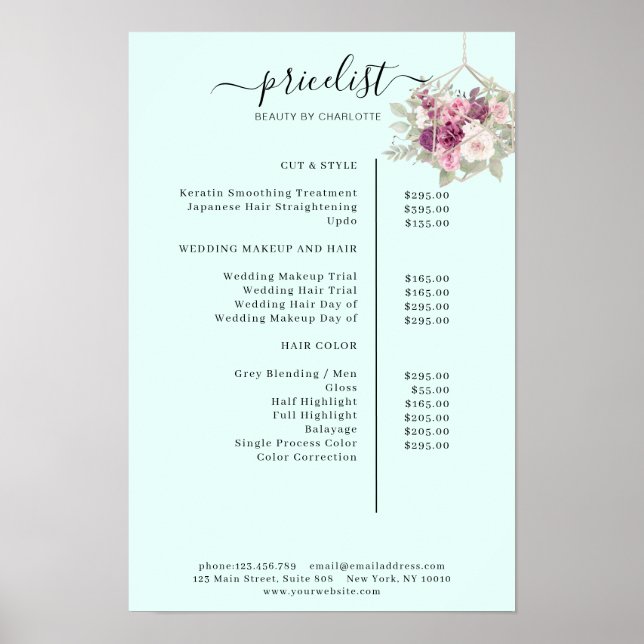 Poster Lista de preços floral moderna Cartaz (Frente)