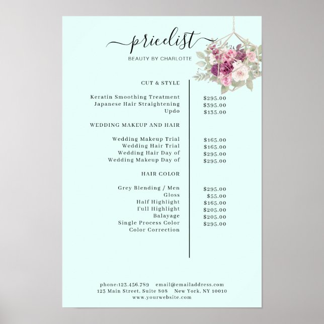 Poster Lista de preços floral moderna Cartaz (Frente)