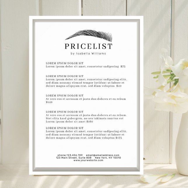 Poster Lista de Preços Minimalista Salão de Sobrancelhas  (Minimal Elegant Eyebrow Salon Pricelist Poster Template)