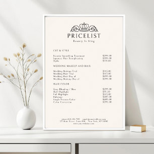 Poster Lista de Preços Salão Bege Logo Coroa Elegante