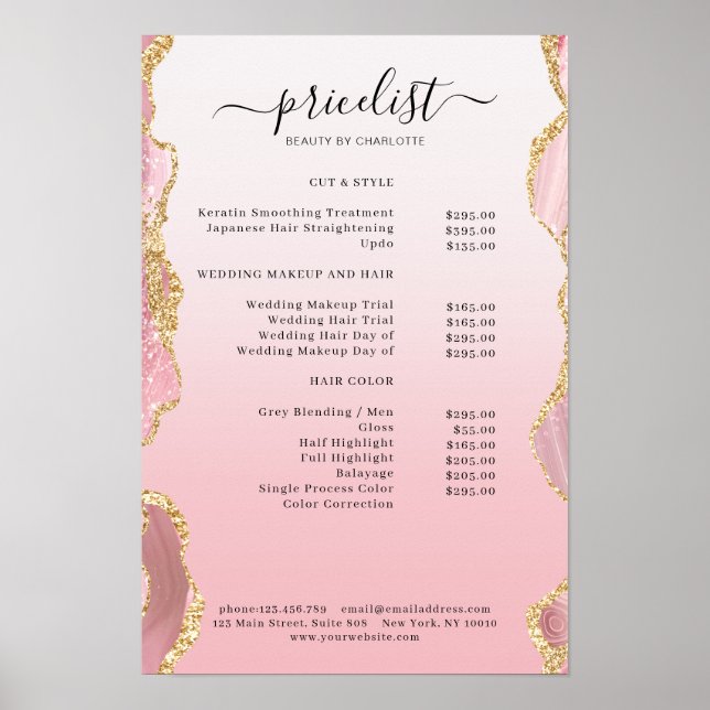 Poster Lista de Preços Salão de Moderno Brilho Rosa Doura (Frente)