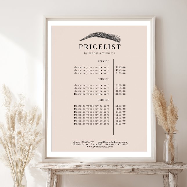 Poster Lista de Preços Salão de Sobrancelhas Minimalista  (Minimal Elegant Eyebrow Salon Pricelist Poster)