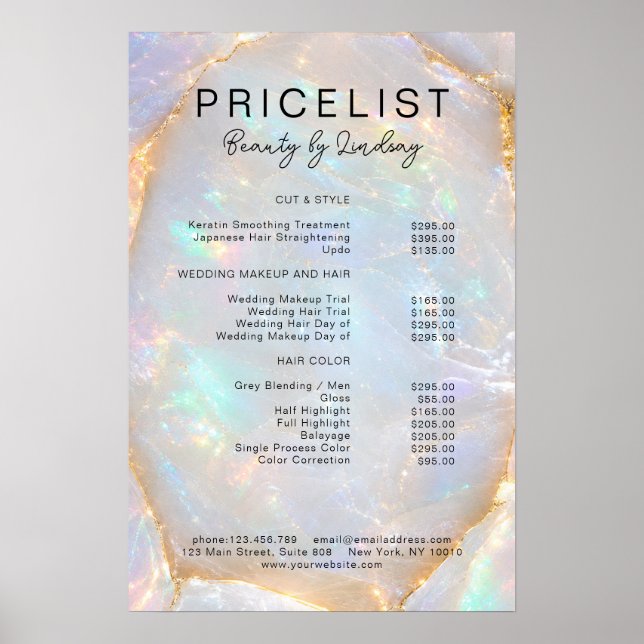 Poster Lista de Preços Salão Opal Holographic Marble (Frente)