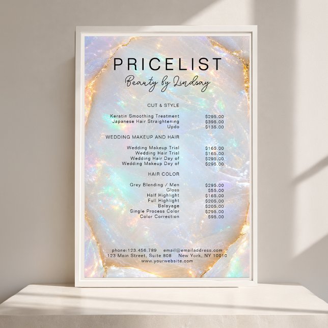 Poster Lista de Preços Salão Opal Holographic Marble (Opal Holographic Marble Salon Price List Poster)