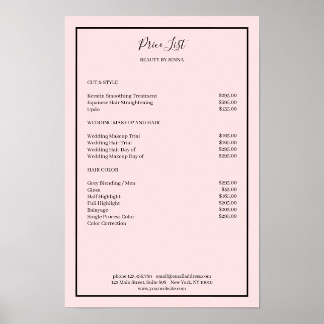 Poster Lista de Preços Simples Rosa e Preto   (Frente)
