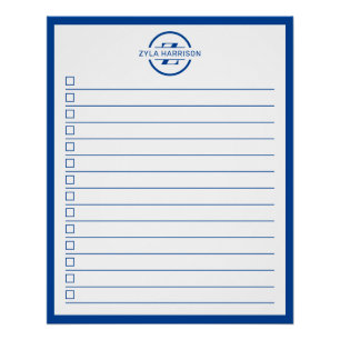 Pôster Lista de Tarefas com Monograma Azul Moderno