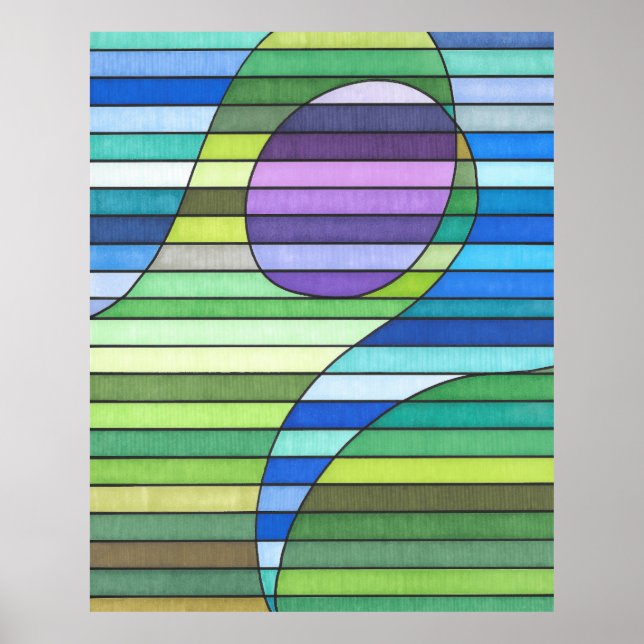 Poster Listras Abstratas Ondas Verdes e Círculo Roxo (Frente)