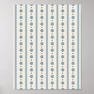 Poster Listras Azuis e Creme com Flores