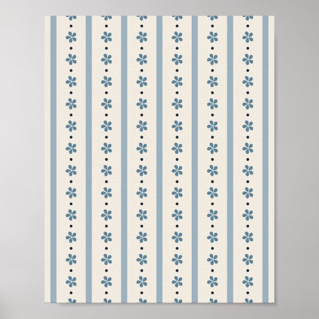 Poster Listras Azuis e Creme com Flores (Frente)