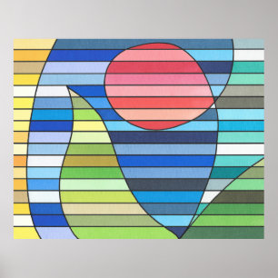 Poster Listras Geométricas com Círculo Vermelho e Curvas