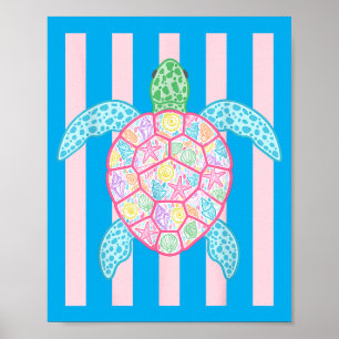 Poster Listras Retrô de Verão Tartaruga Marinha Praia Pré