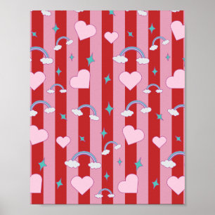 Poster Listras rosa e vermelha com arco-íris e corações