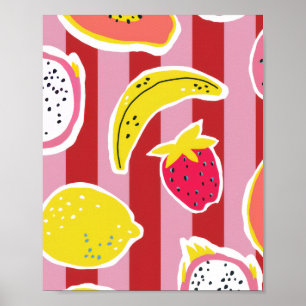 Poster listras vermelhas e rosas com frutas tropicais