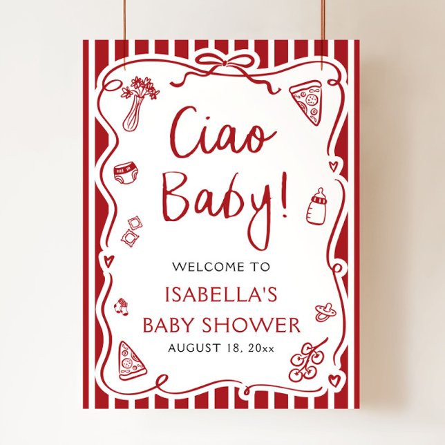 Poster Listras Vermelhas Italiano Ciao Bebê Chamada de Be (Red Stripes Hand Drawn Italian Ciao Baby Baby Shower Welcome Sign )