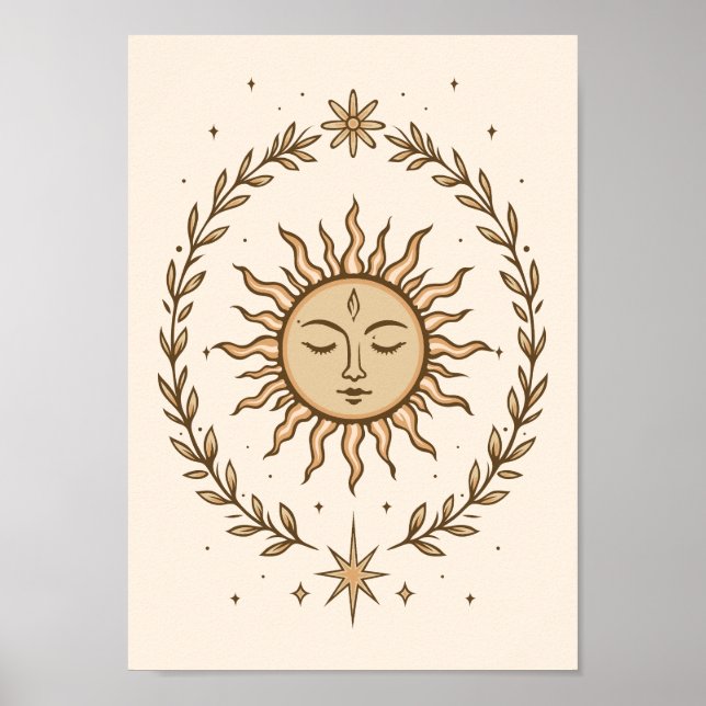 Poster Litha Sun Face Botanical Wreath Celestial Art (Frente)
