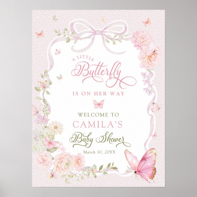 Poster Little Butterfly Floral Girl Baby Shower Welcome  (Frente)