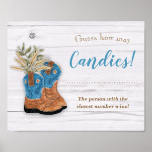 Poster Little Cowboy Bootie White Wood Shower Game Sign
