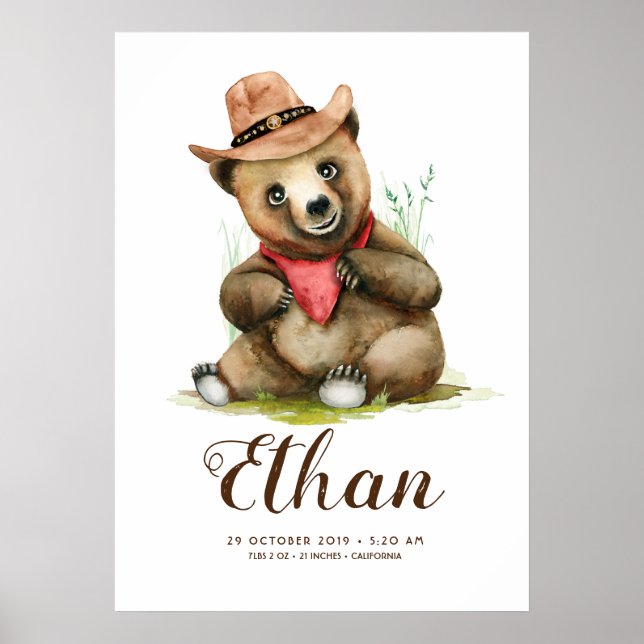 Poster Little Cowboy - Young Bear Cute Kid Room (Frente)
