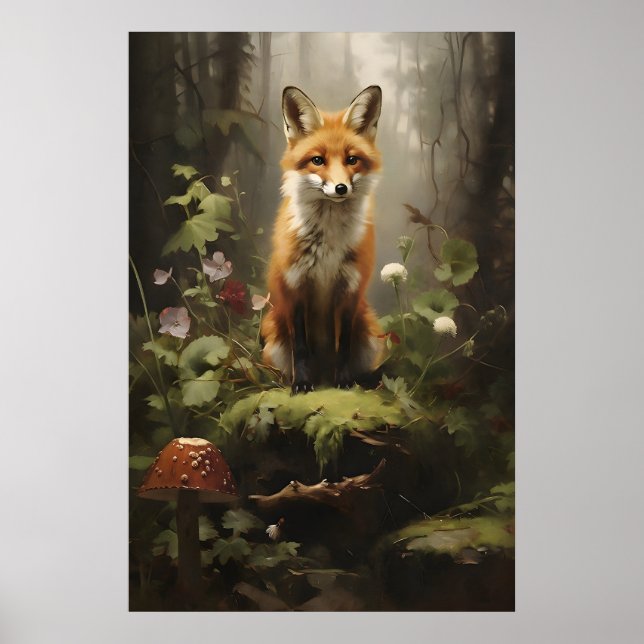 Poster Little Fox In Forest Wall Print, Botanical Dark (Frente)