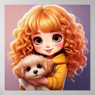 Poster Little Girl and dog; Chibi art,
